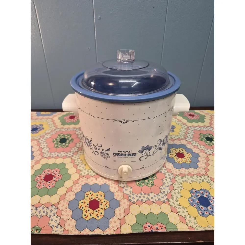 Vintage Rival Crock Pot Stoneware Slow Cooker 3.5qt Blue Floral #3100 Tested